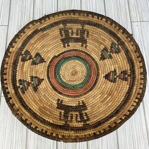 Vintage Handmade Native Basket Round Platter Plate Wall Decor Green Red Black